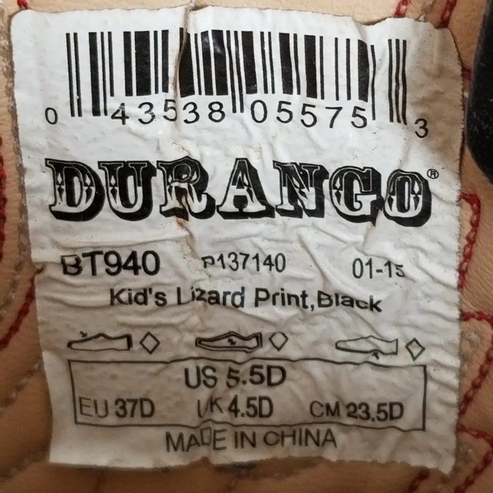 Durango Cowboy Boots Kids Size 5.5 D Lizard Print Black Western Festival Stitch